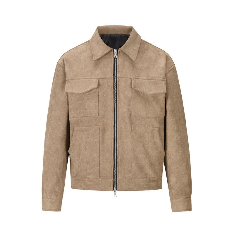 Men's slim fit black jacket with zipper and big pockets, also available in camel and dark grey.