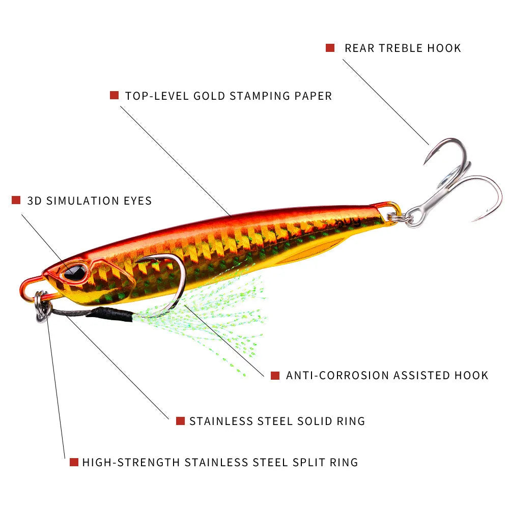 Luya metal submerged tossing lure with treble hook and iron plate in multiple weight options from 10g to 60g