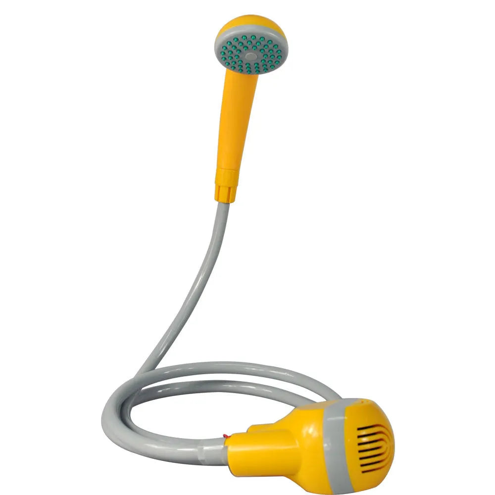 Outdoor electric portable shower in bright orange and yellow, ABS body with 1.8m hose for camping and pet rinse