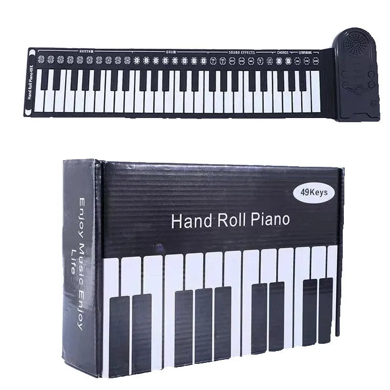Pearlescent white portable folding electronic keyboard with 49 silicone keys, shown both rolled and unrolled.