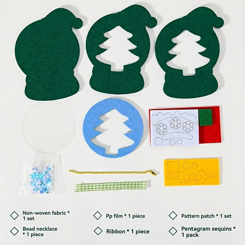 4pcs Christmas Felt Applique Kit with four ornament designs Santa Claus wreath tree crystal ball