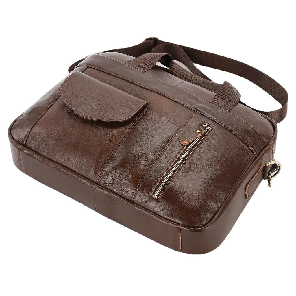 Men's 10-inch first-layer cowhide leather cross-body briefcase, vertical square zip-top bag, black or brown