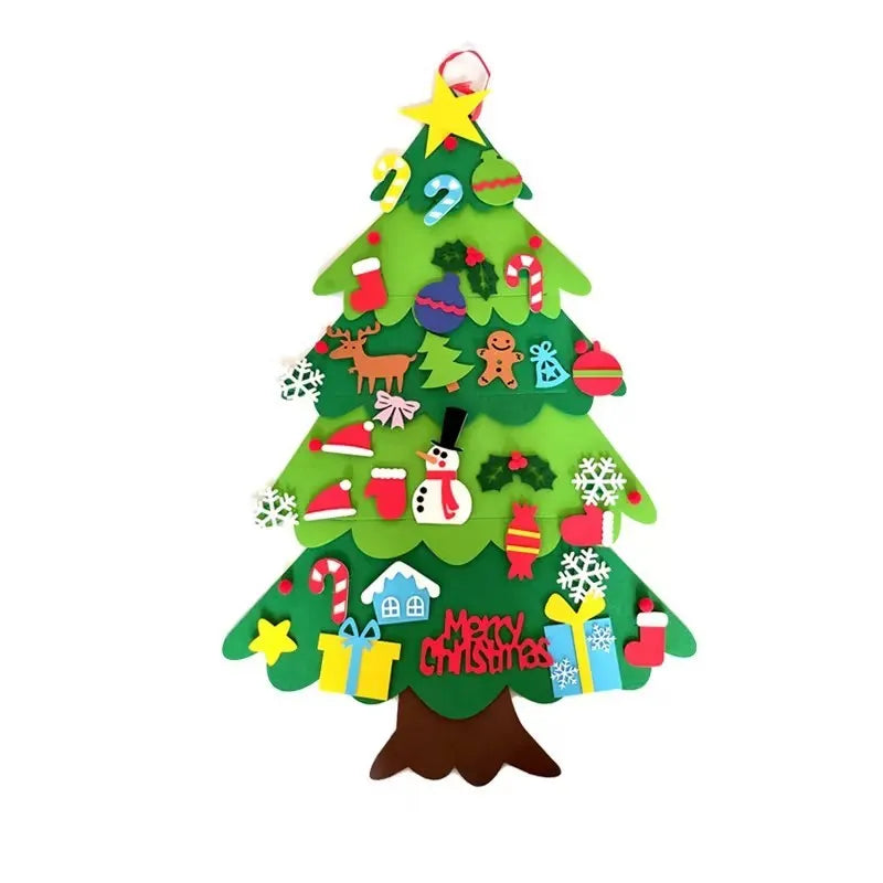 Green DIY felt Christmas tree with fairy lights and ornaments on a white wall with decorations attached