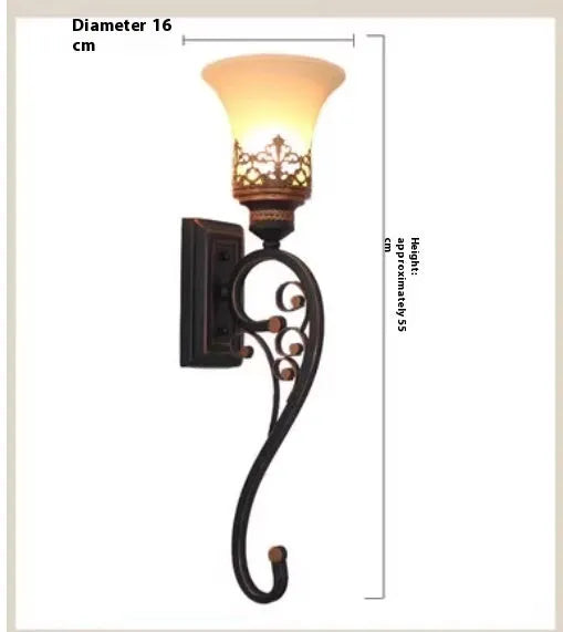 American wrought iron single head mirror cabinet wall lamp with glass shade, 55cm tall, matte black finish