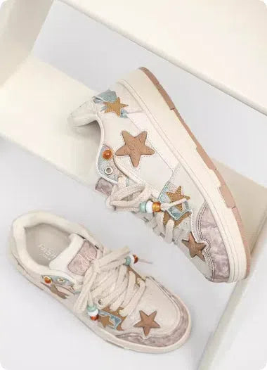 High-end platform sneakers with star pattern in pink, lace-up fabric upper, sizes 36-44