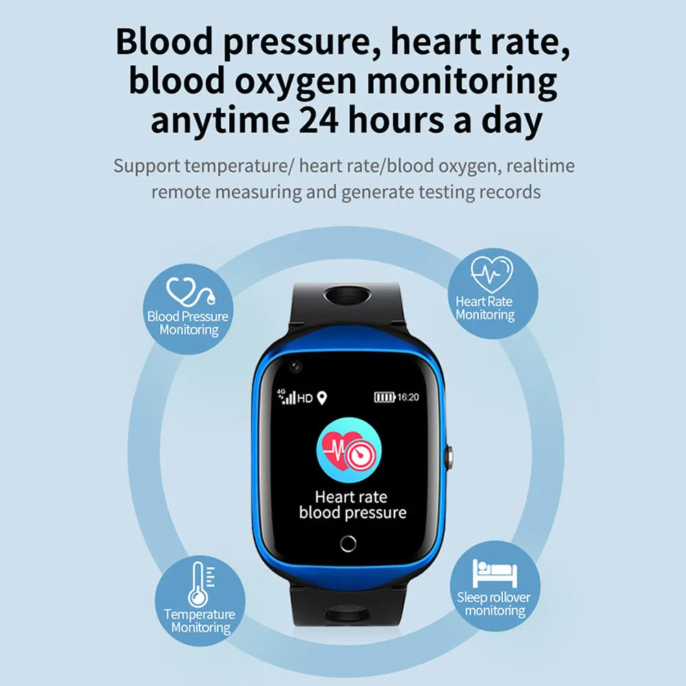 Black elderly GPS smartwatch with square colour screen and a silicone strap, showing an SOS button on the side.