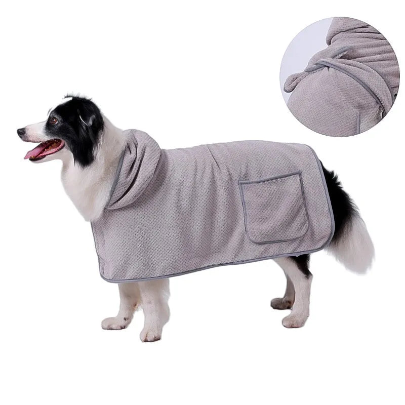 A blue dog bath robe towel with an adjustable waistband wrapped around a dog, showing the snap button closure.