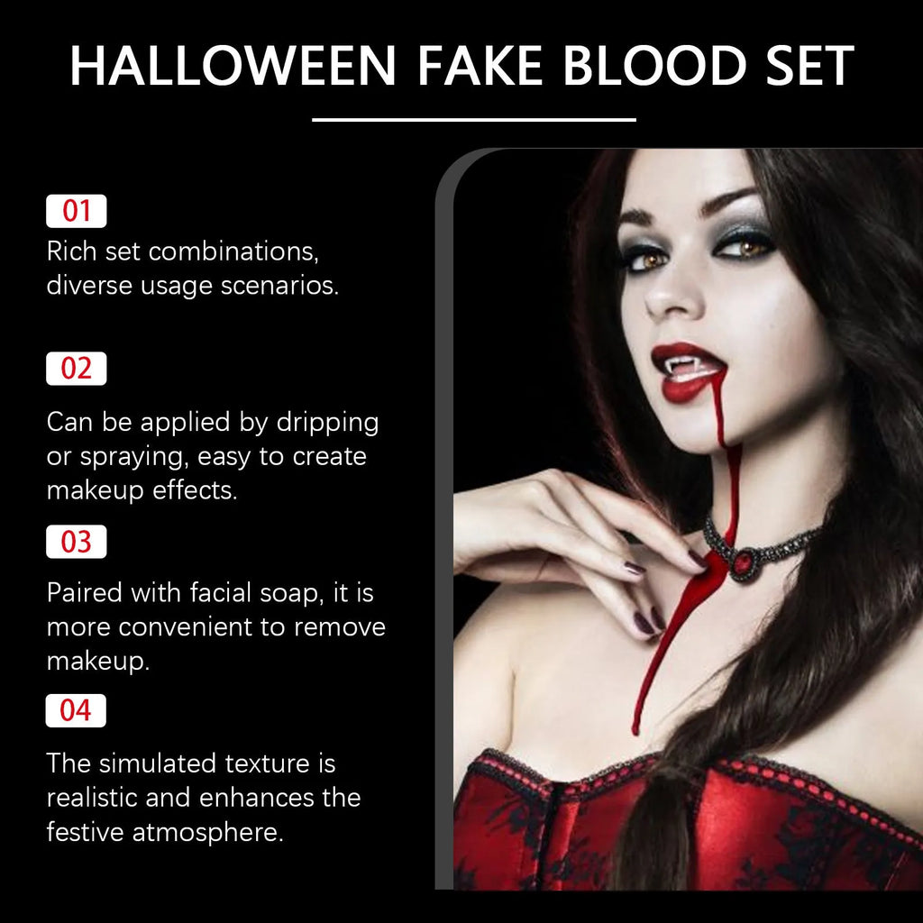 3-piece washable fake blood set with plasma drops, spray bottle, and facial soap for special effects makeup