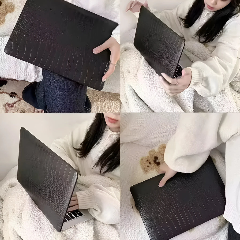 MacBook protective case with crocodile pattern texture and hollowed-out Apple logo in soft pink colour