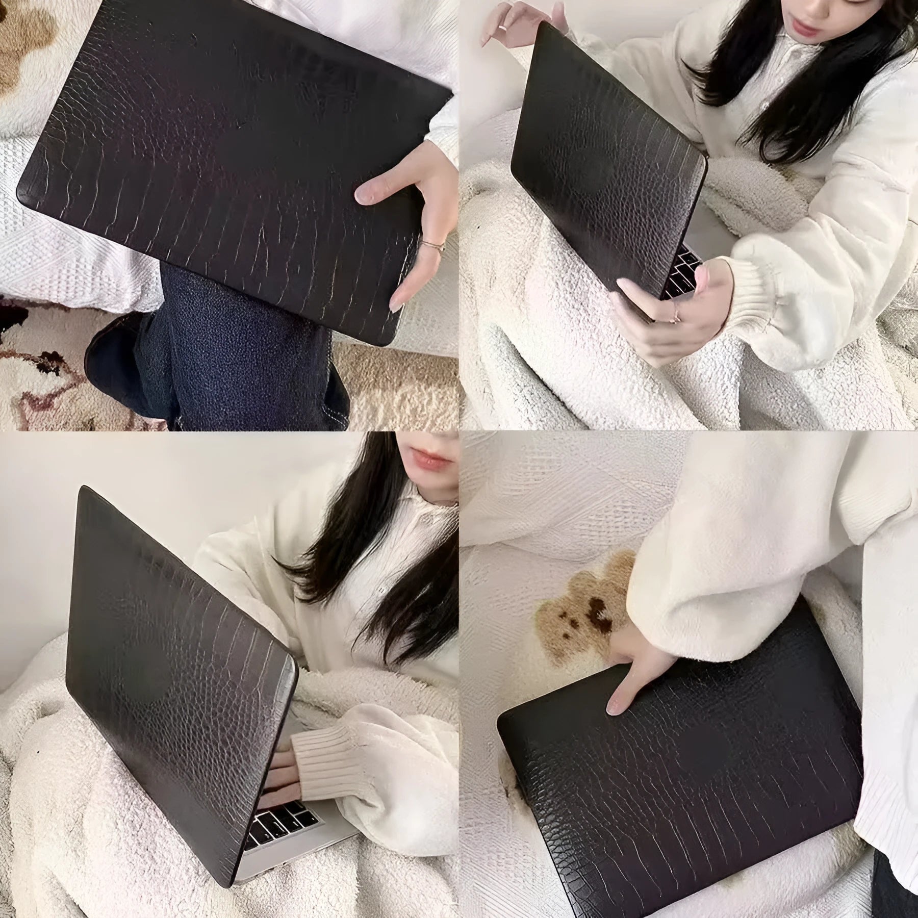 MacBook protective case with crocodile pattern texture and hollowed-out Apple logo in soft pink colour