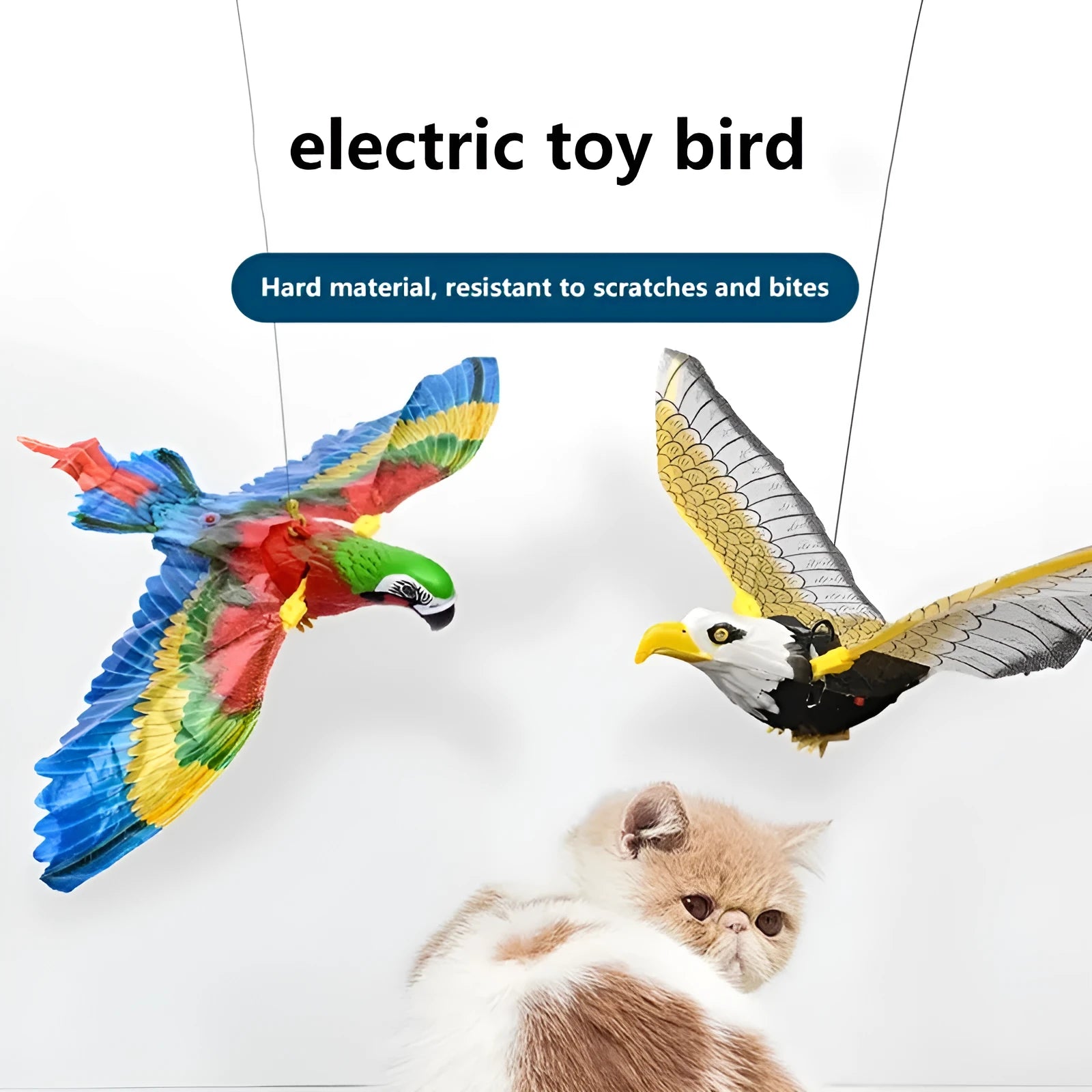 Plastic simulation bird cat toy hanging from ceiling with rotating mechanism, 25cm or 43cm variant