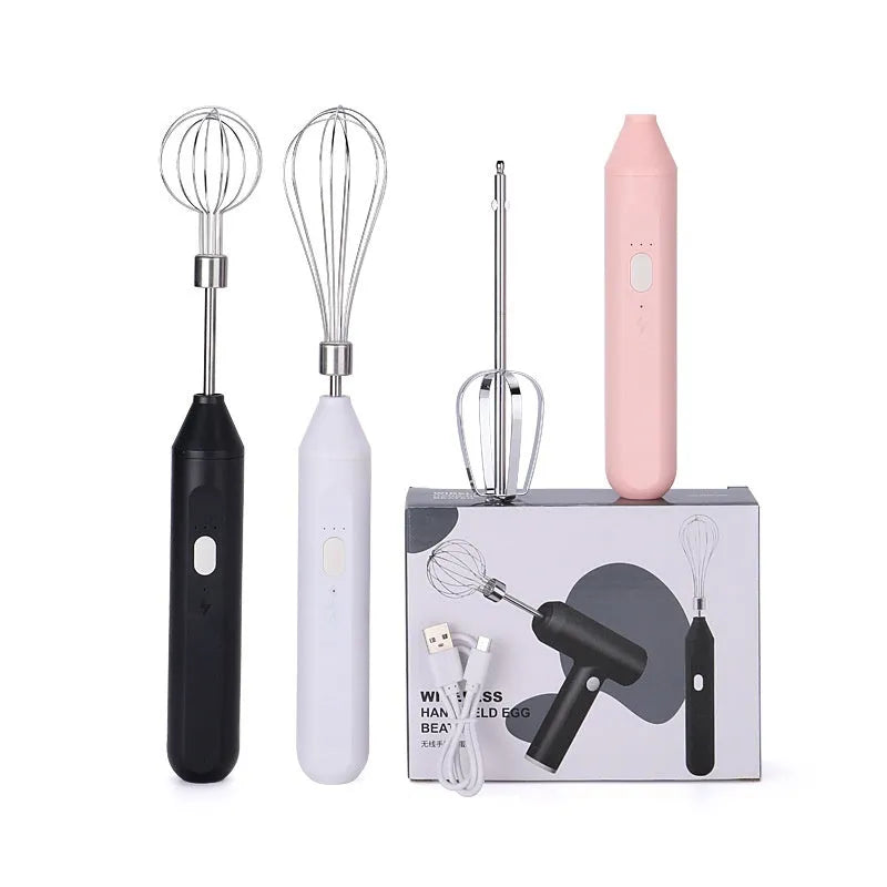 Handheld electric egg beater in black, pink, or white with grow head, 304 stainless steel and ABS, cordless 2000mAh, 18000 rpm.