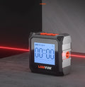 Longyun digital laser measuring tool with alloy casing and backlit display on a wooden workbench.