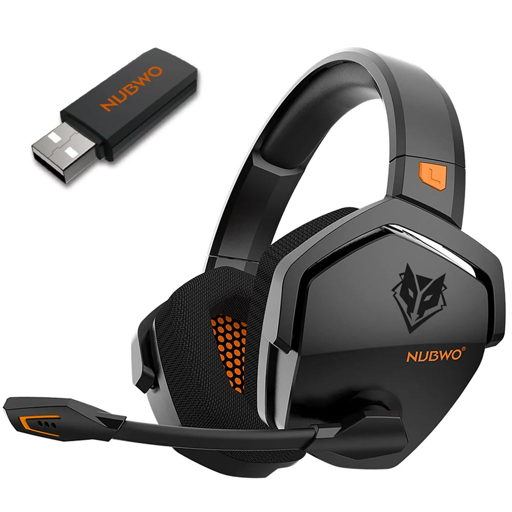 Black and orange wireless gaming headset with over-ear cups and a built-in microphone.
