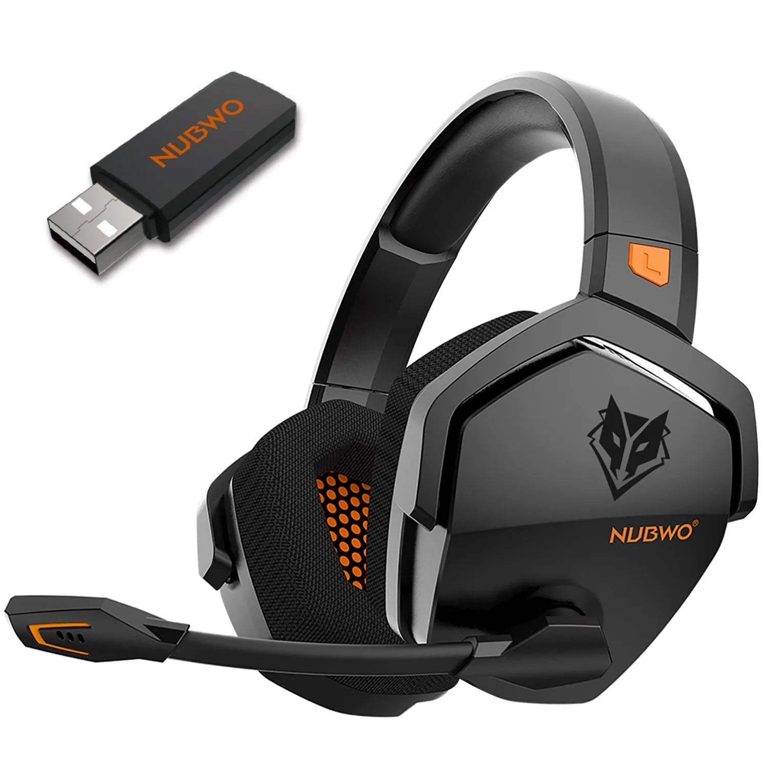 Black and orange wireless gaming headset with over-ear cups and a built-in microphone.
