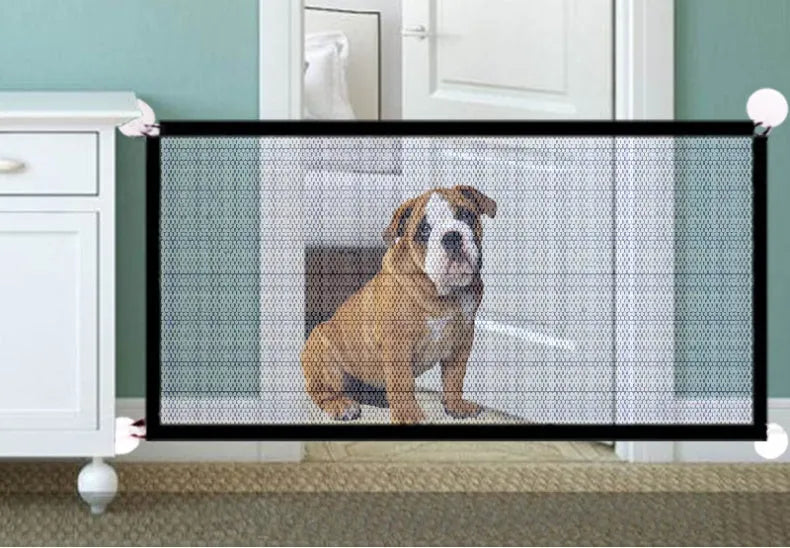 Black foldable cloth pet fence for dogs, placed indoors near doorway