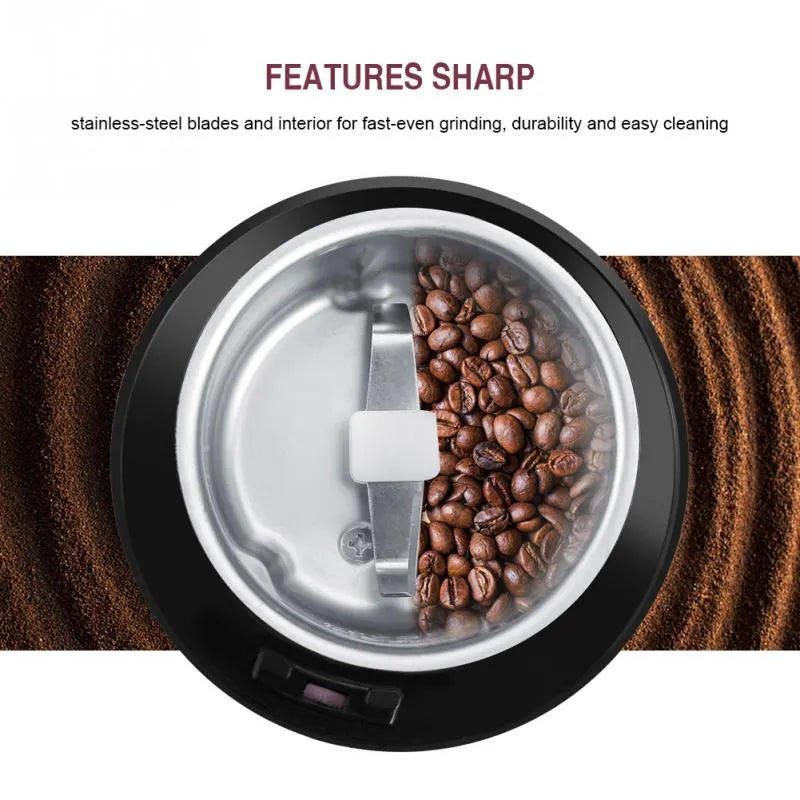 Black mini electric grinder with stainless steel liner for grinding coffee beans and nuts