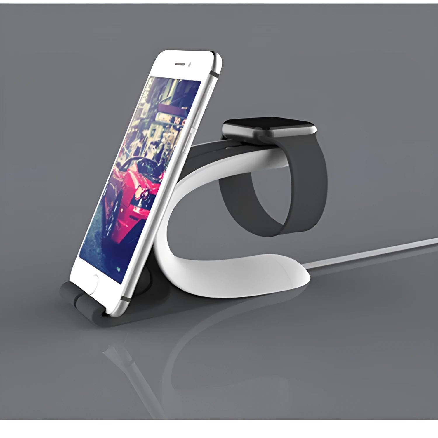 Grey Apple watch and iPhone charging stand on desktop 20cm height