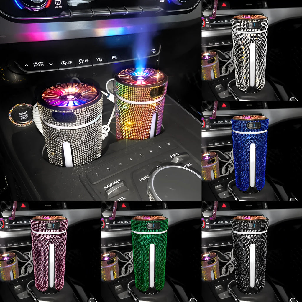 Diamond design car humidifier with LED lights showing 15cm size and USB power port