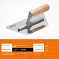 Stainless steel putty scraper with a wooden handle in three different blade sizes on a workbench.