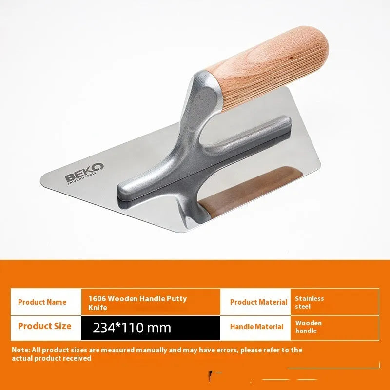 Stainless steel putty scraper with a wooden handle in three different blade sizes on a workbench.