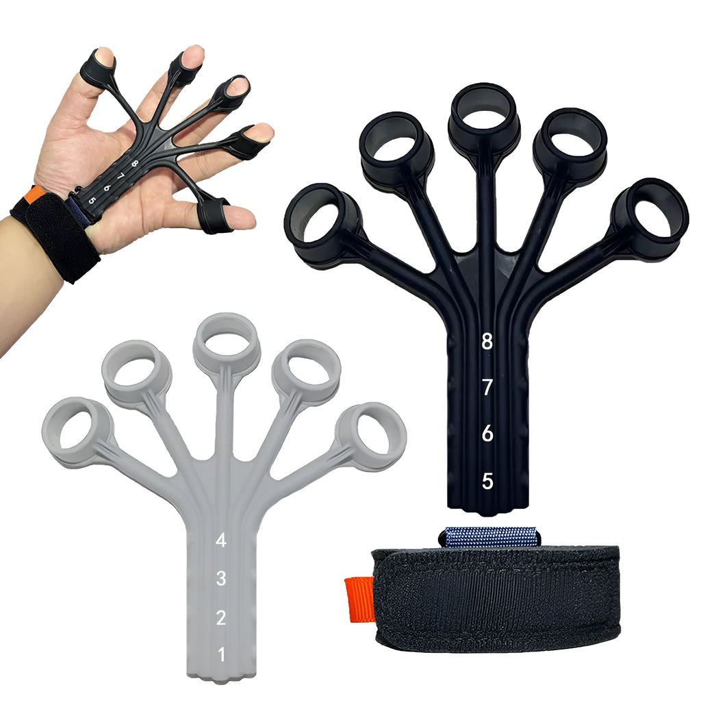 Black silicone finger tension rope puller with an adjustable belt for rehabilitation training
