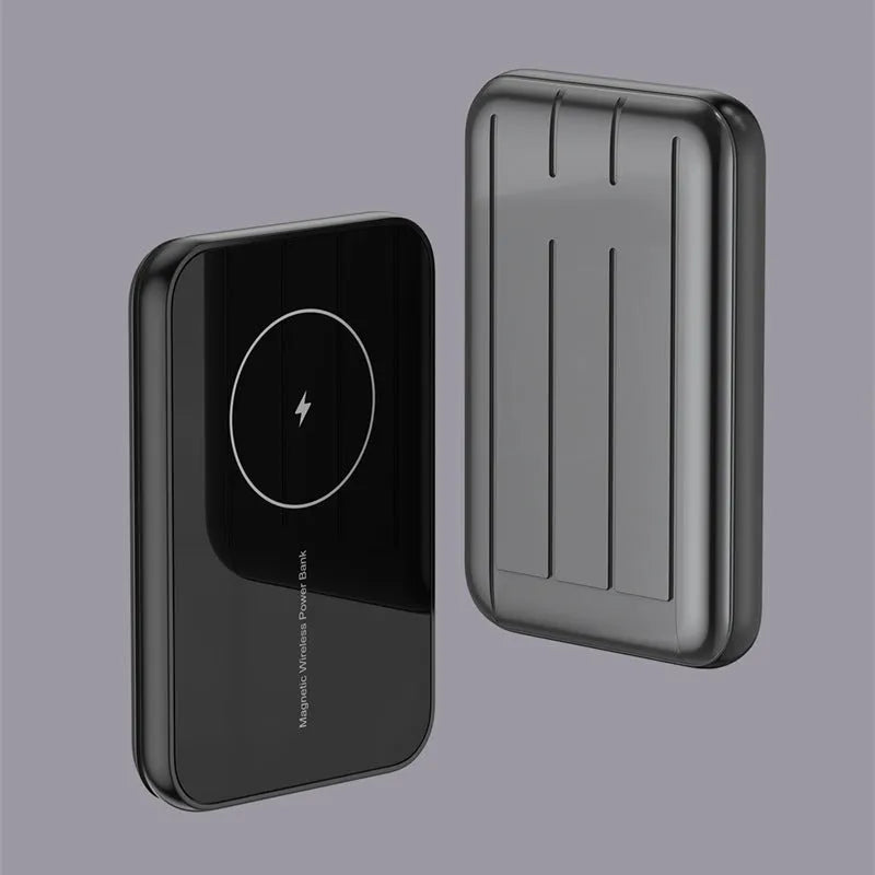 Blue magnetic wireless charging power bank showing 15W charging and Multi-U port