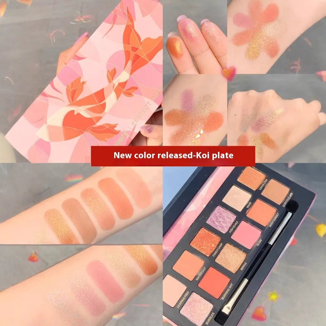 Animal-themed twelve-colour eyeshadow palette showing golden tiger, ink cat, red fox, and koi shades