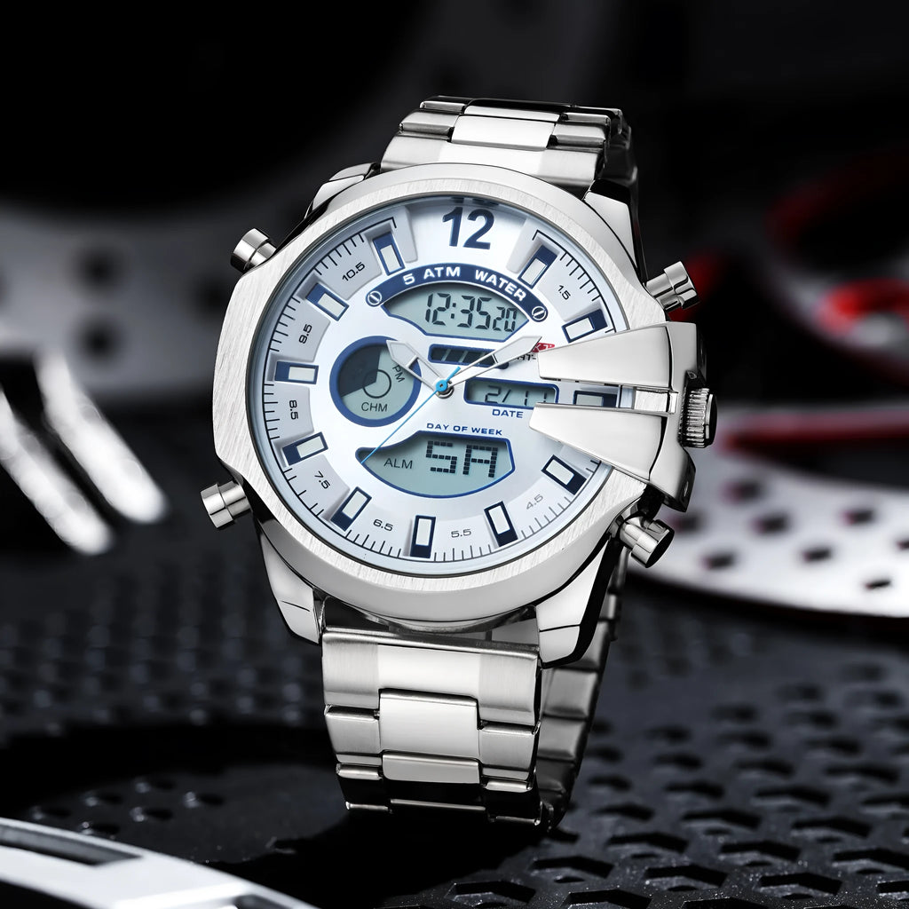 Men's double display LED sports watch with alarm, 30m water resistant, stainless steel strap, 55mm round dial, black colour