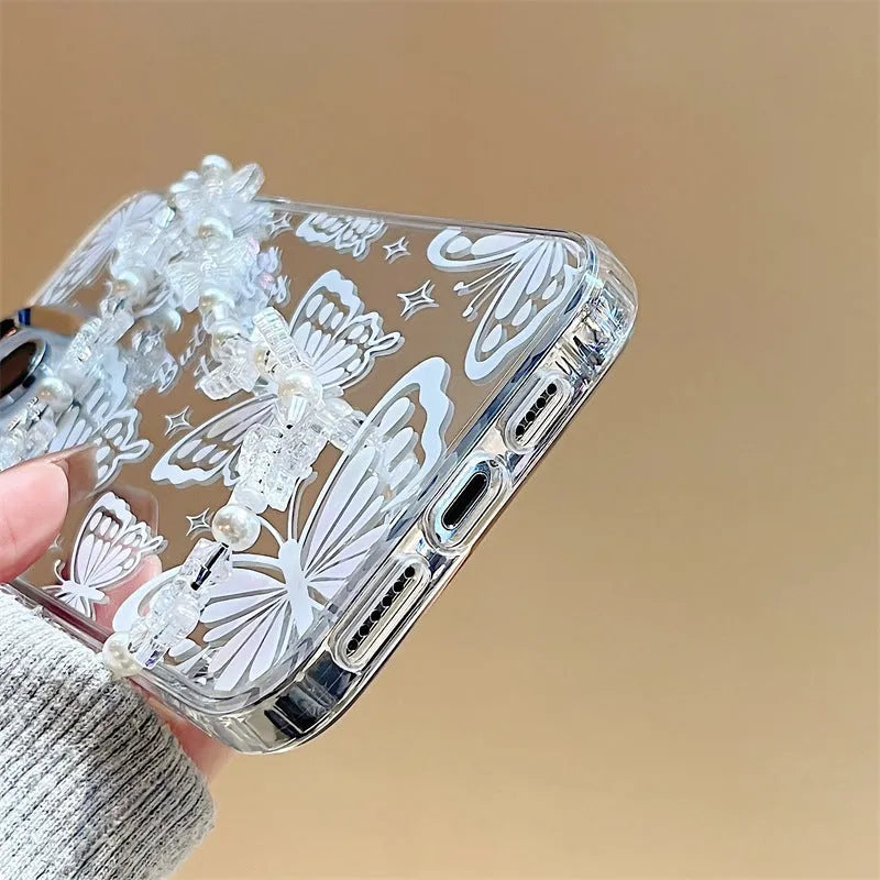 Transparent three-in-one mirror iPhone case with bow decoration and detachable bracelet accessory
