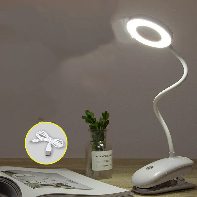 Clip-on rechargeable desk lamp with plastic shade and touch switch in a modern simple design