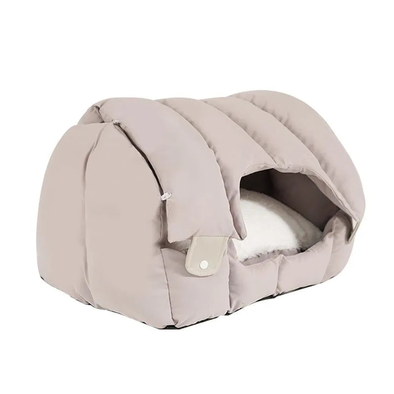 Grey arched fabric cat bed shown in both enclosed nest and flattened open sofa configurations