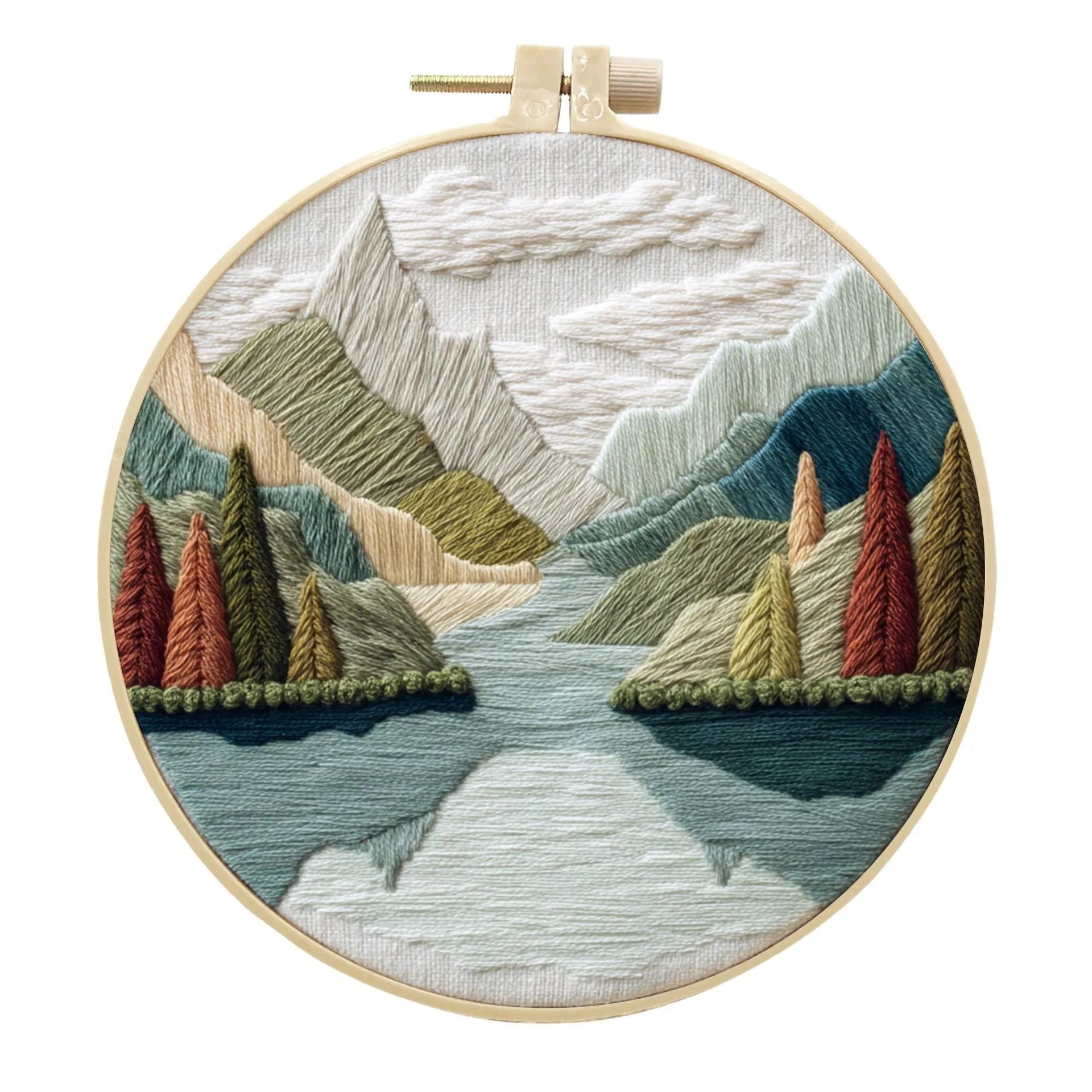 Embroidery DIY kit with 15cm bamboo frame, cotton linen fabric, and landscape design for handmade cloth art
