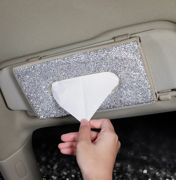 Crystal PU leather hanging sun visor car tissue box with rhinestones in black