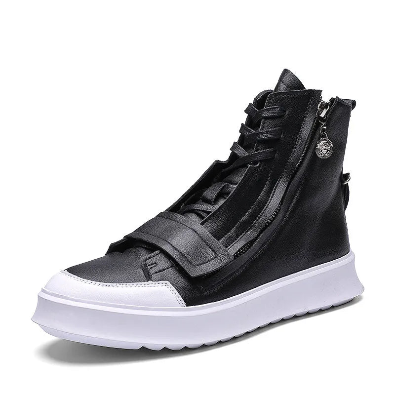 Men's black and white high-top style PU leather ankle boots on a size chart background.