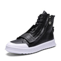 Men's black and white high-top style PU leather ankle boots on a size chart background.