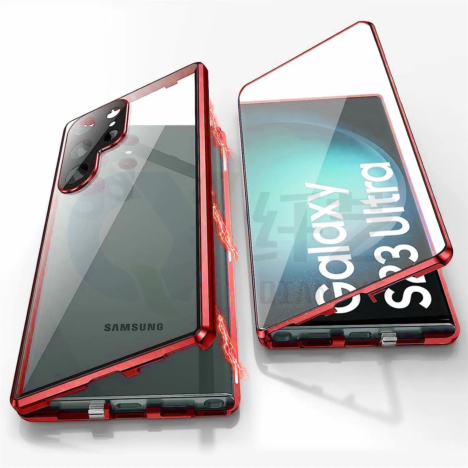 Black magnetic phone case with integrated mirror for Samsung Galaxy S24 Ultra, showing metal build.