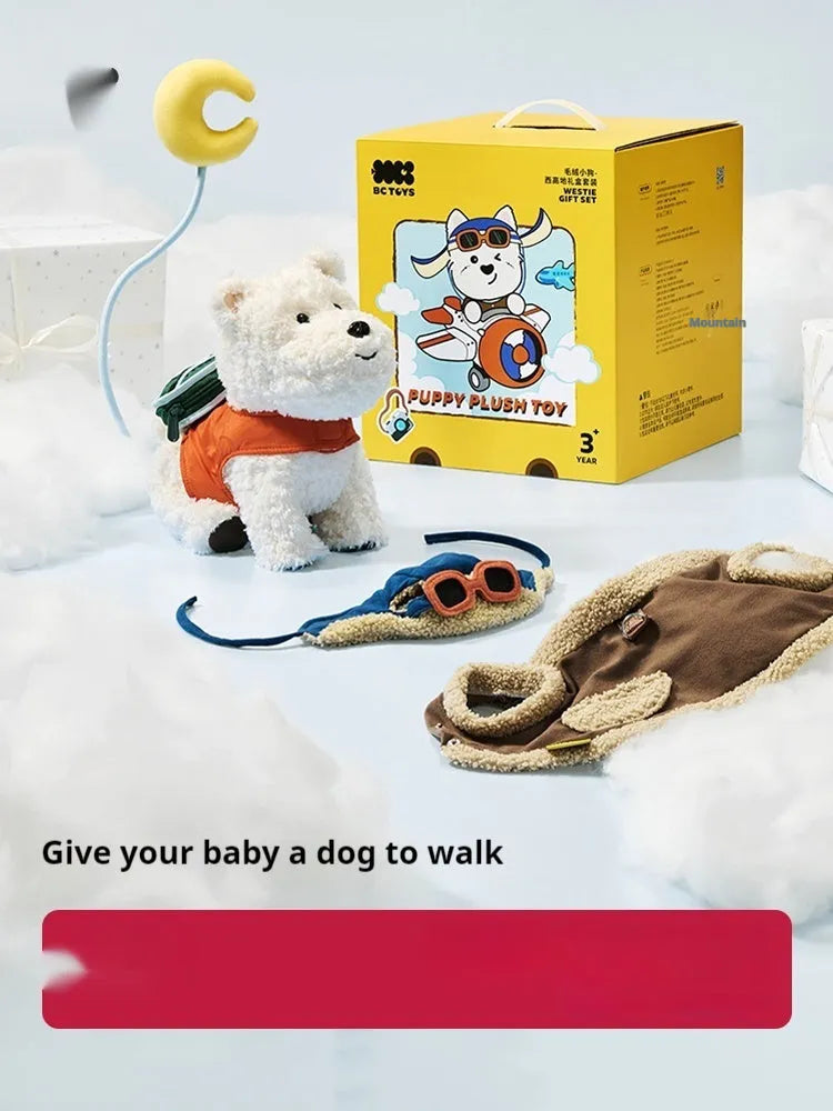 Babycare West Highland gift box set with plush toy puppy dog and two outfits for baby birthday present