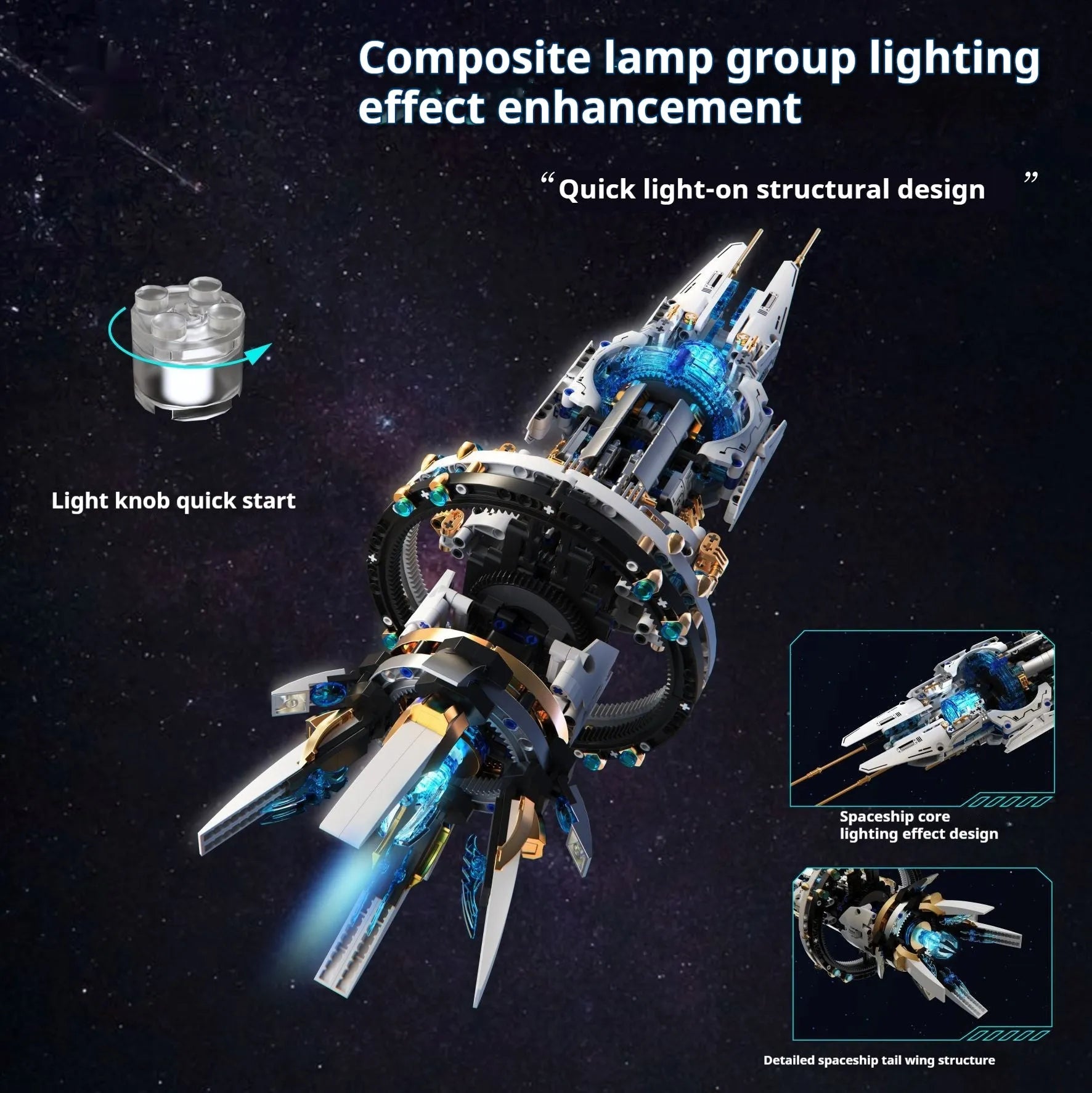 Space Explorer spacecraft small particle plastic building blocks set with flash light in colour box