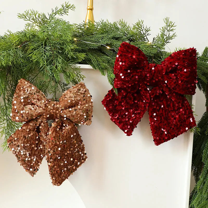 25cm red paillette Christmas sequin bow pendant on white background