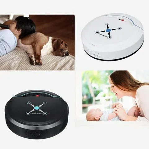 Smart robot vacuum cleaner in black on a hard floor, 22.8 x 22.8 x 7 cm, with ABS body and USB charging cable
