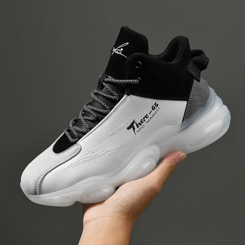 Youth basketball running sneakers in white or black with microfiber upper, TPU popcorn sole, front lace-up, sizes 39-44