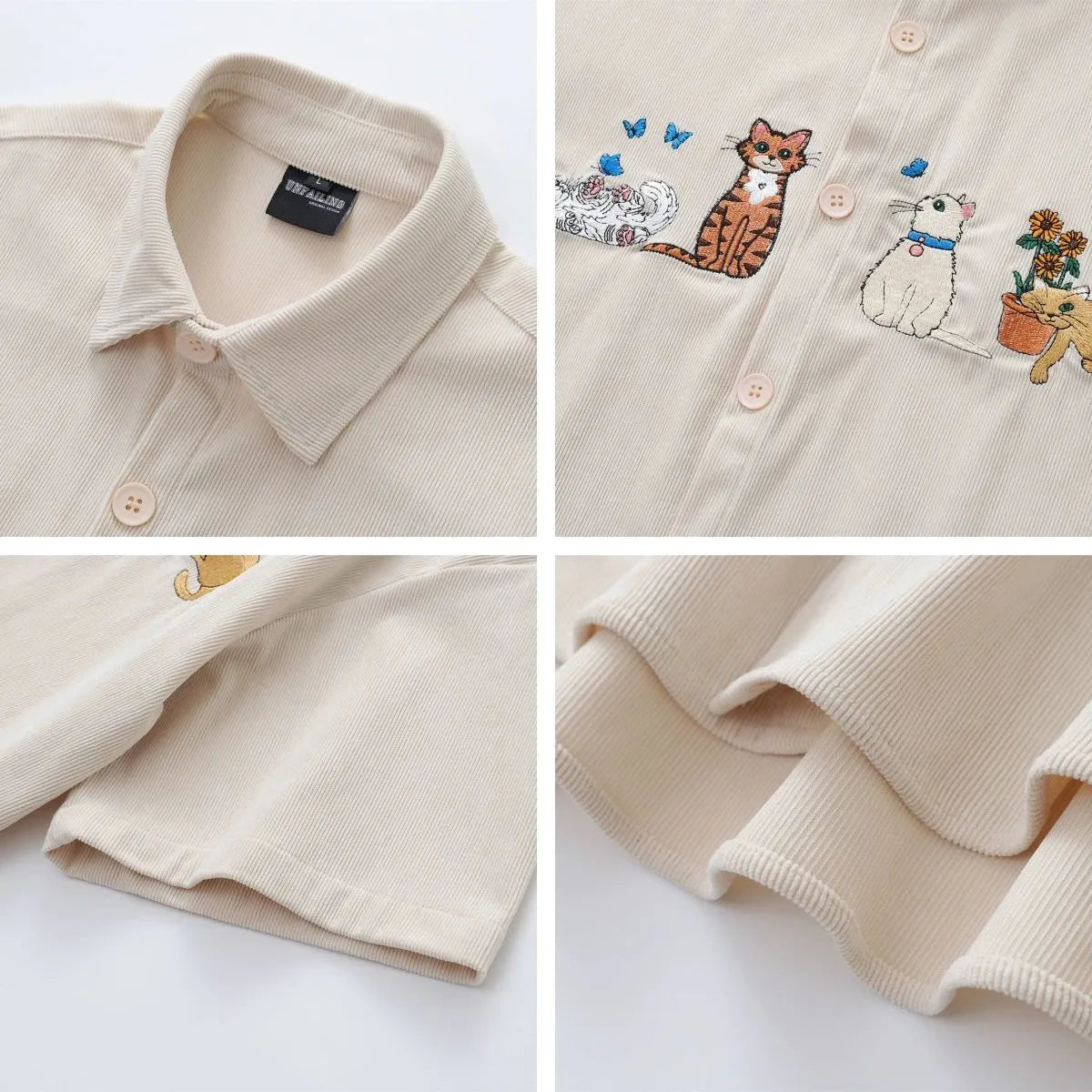 Loose cardigan shirt with embroidered cartoon pattern in apricot, brown, and black colours
