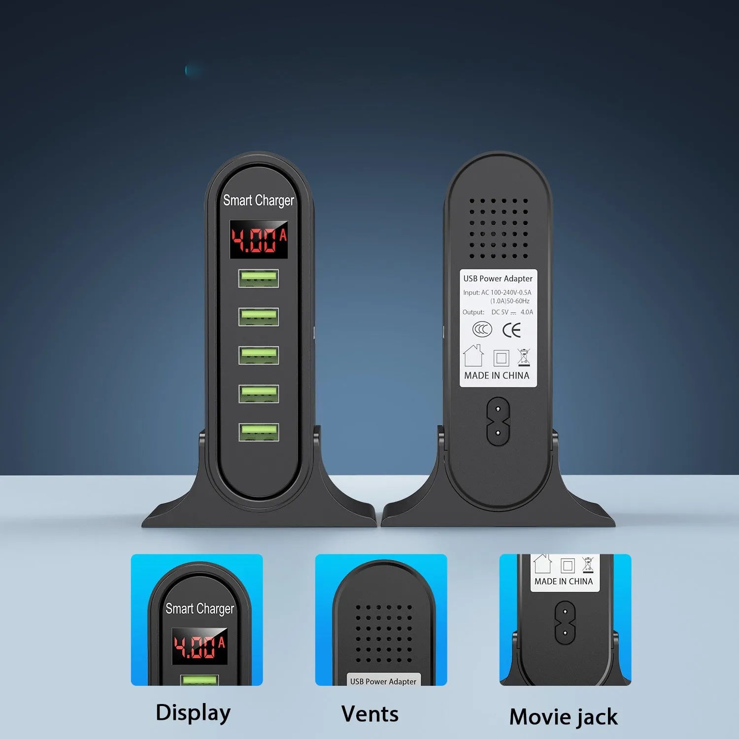 Black and white smart LED digital display USB wall charger with UK, US, and EU plug options.