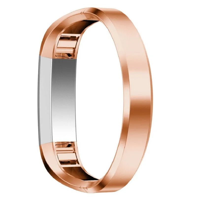 Fitbit Alta smart watch with a stainless steel replacement bracelet strap featuring a deployment buckle, shown in silver finish.