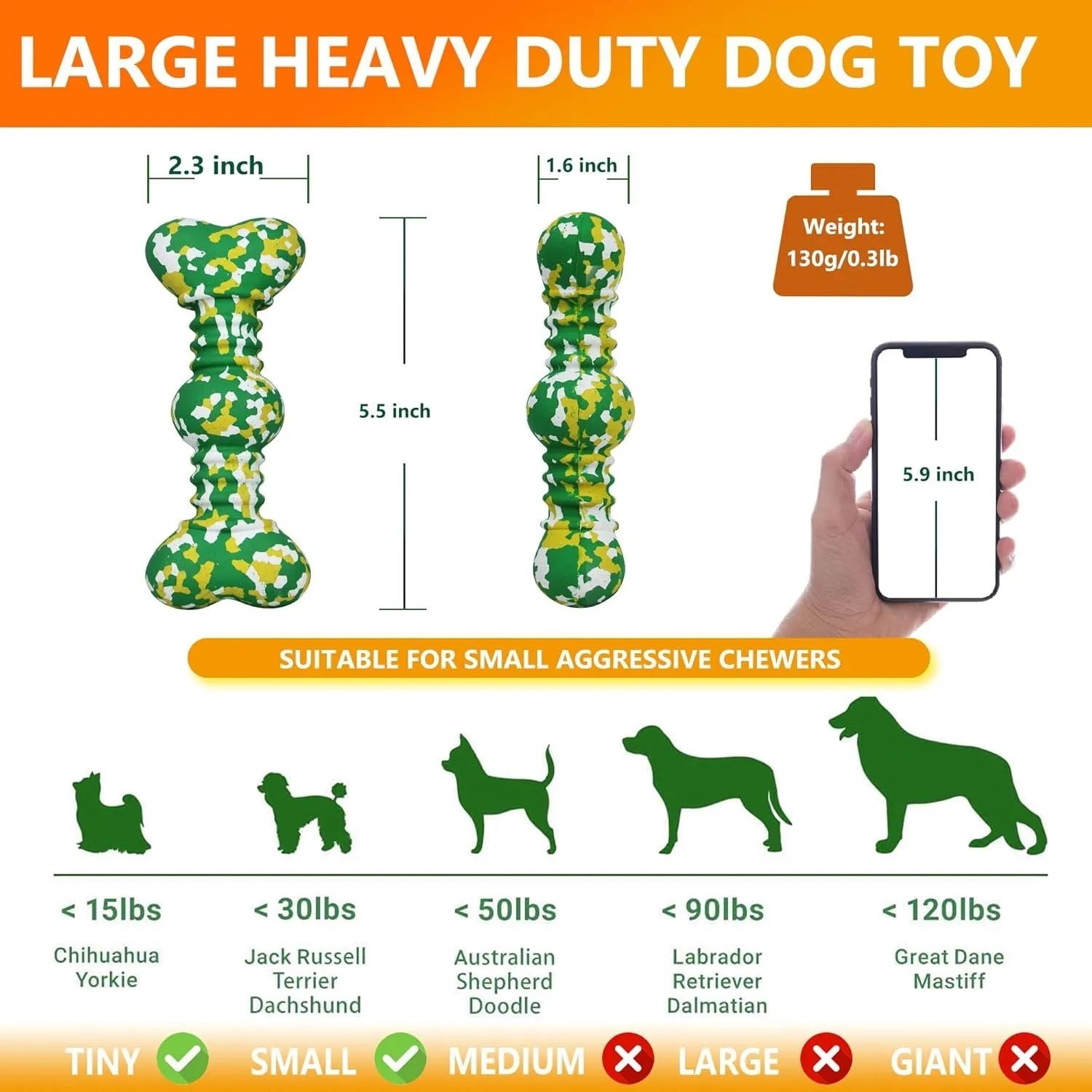 Natural rubber bone-shaped dog chew toy in camouflage pattern for large breed aggressive chewers.