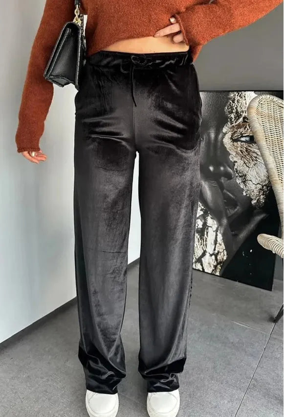 Black shiny velvet drawstring high waist straight leg casual pants, polyester, women, Asian sizes S to XL