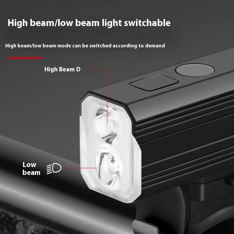 Aluminium alloy mountain bike headlight with silicone mounting bracket, showing scale and TPYE-C charging port.