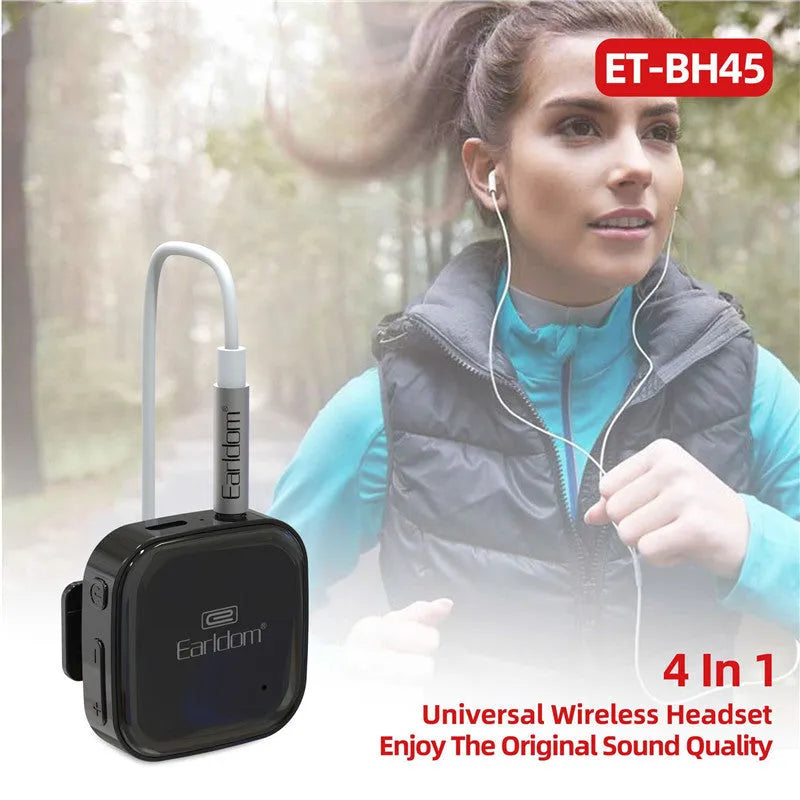 Black Bluetooth running headphones with wireless receiver and lavalier wearing option