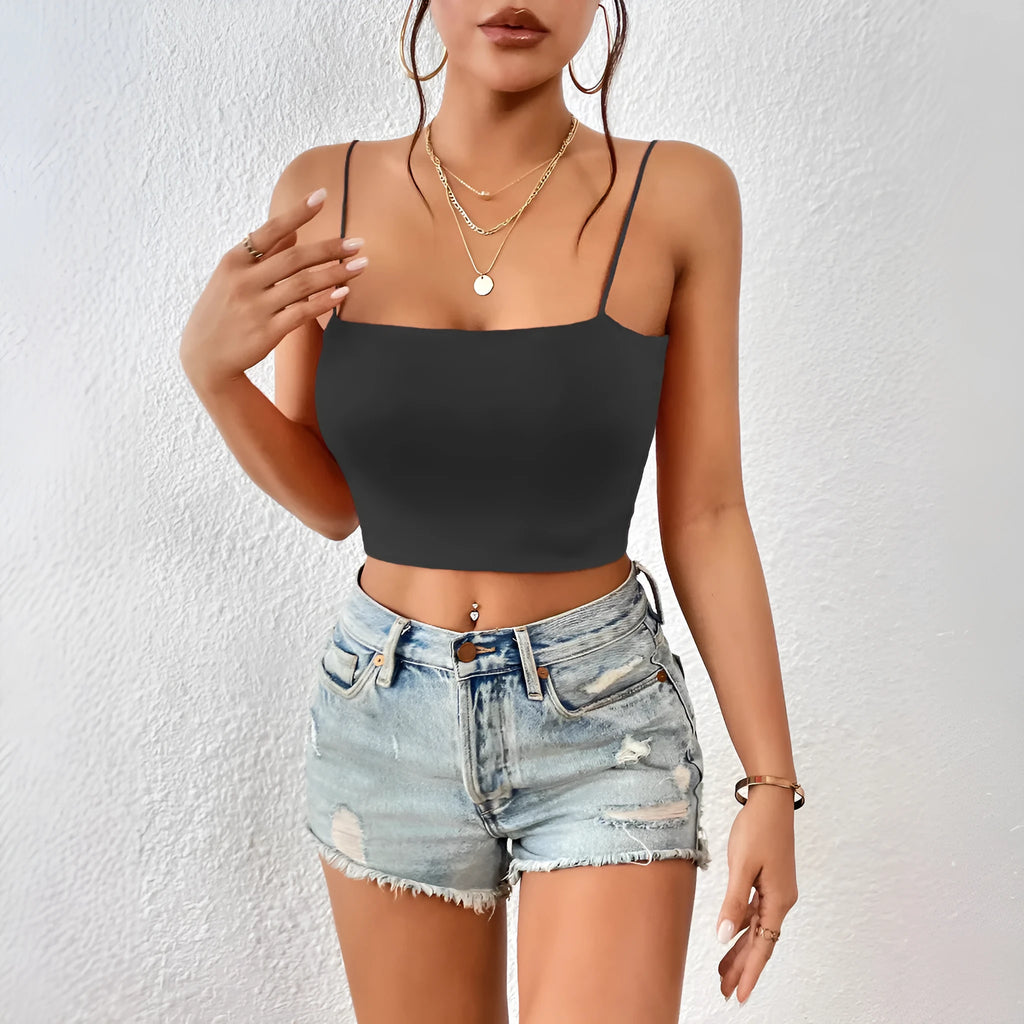 Women's crop top with camisole inside and outside, solid colour polyester vest, slim fit street style